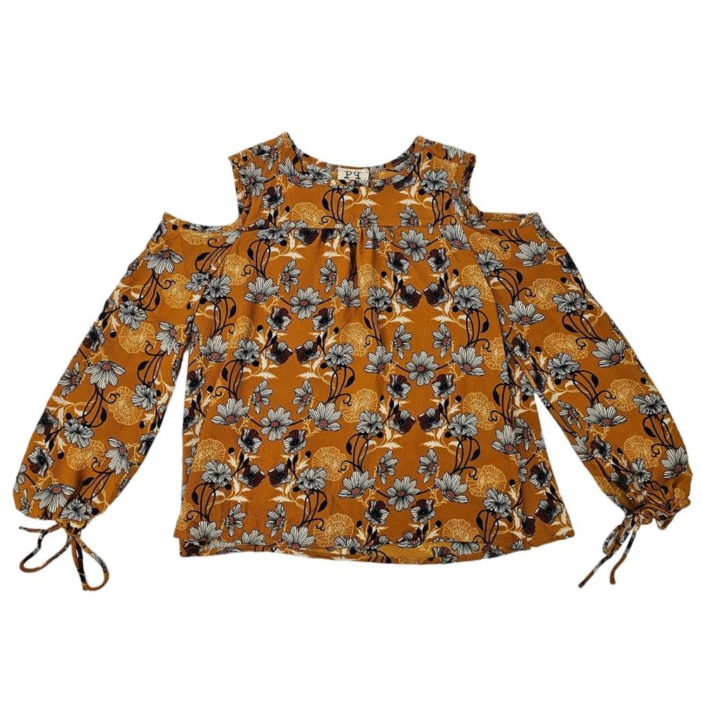 Peoples Project LA Floral Cold Shoulder Top Girls L (14-16) Gathered Tie Cuffs